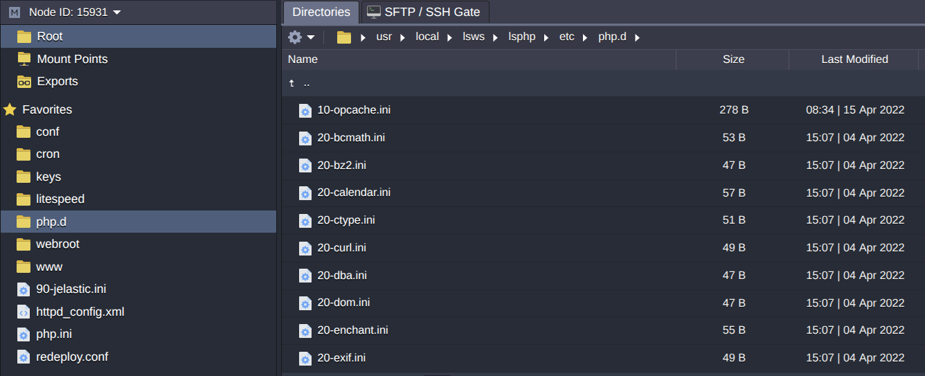 File manager interface with folders in a left sidebar and a list of files including php.ini and php.d entries in the main pane.