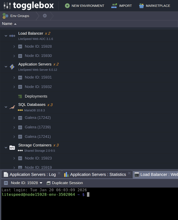 Dashboard view listing load balancer, application server, SQL database, and storage node groups above an integrated terminal session.