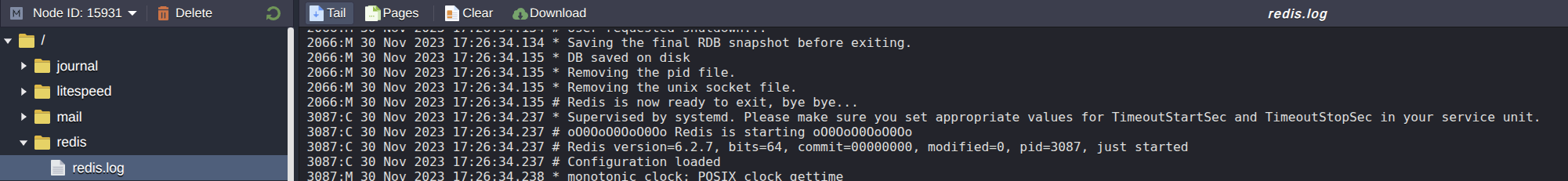Log viewer interface showing a Redis log file, folder tree at left, and controls for Tail, Pages, Clear, and Download.