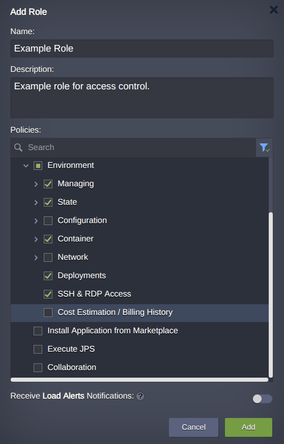 Add Role dialog with fields for role name and description and a permissions list including environment, deployments, SSH and RDP access, billing, and collaboration.