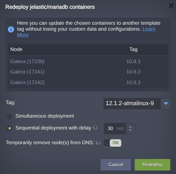 Redeploy dialog for MariaDB Galera containers listing three nodes, a target version, sequential deployment delay, and DNS removal enabled.