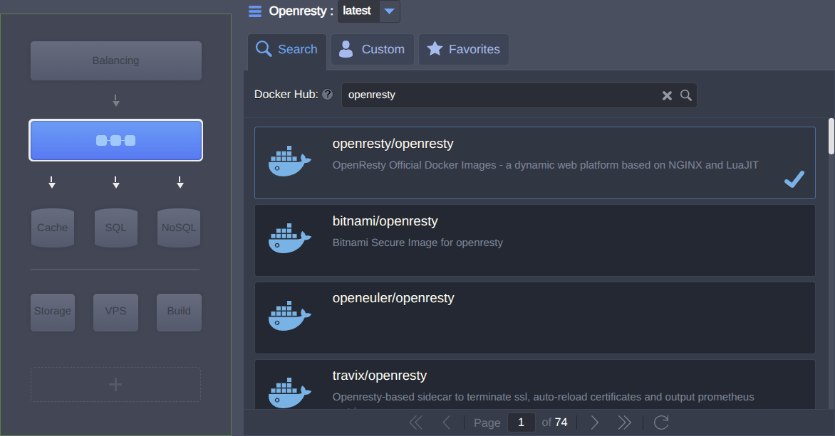 Container setup screen showing Docker Hub search results for openresty with environment topology icons in a sidebar.