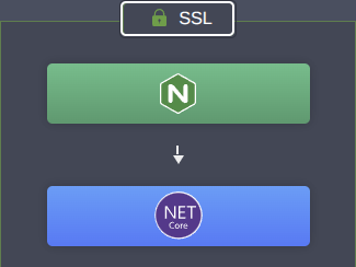 Architecture diagram with SSL at the top, an NGINX layer in the middle, and a .NET Core node below.