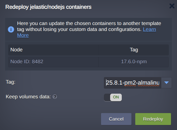 Redeploy dialog for containers showing current and target tags and a Keep volumes data toggle enabled.
